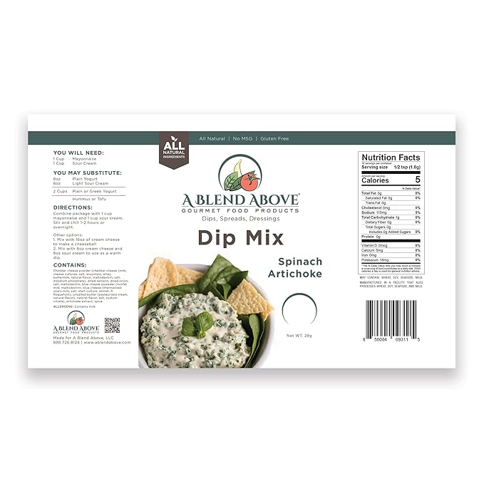 A Blend Above Spinach Artichoke Dip Mix, 3 Packs, 1 oz. Each, Makes 16 Ounces, Gluten-Free, No MSG, All Natural, No Preservatives, Vegan Friendly, Keto Friendly, Vegetable Dip, Chip Dip, Low Carb, Easy to Make