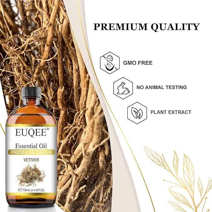 Vetiver Essential Oil 4oz/118ML Large Bottle Vetiver Oil Premium Essential Oil for Candle Making, Humidifier, Diffusers - with Glass Dropper