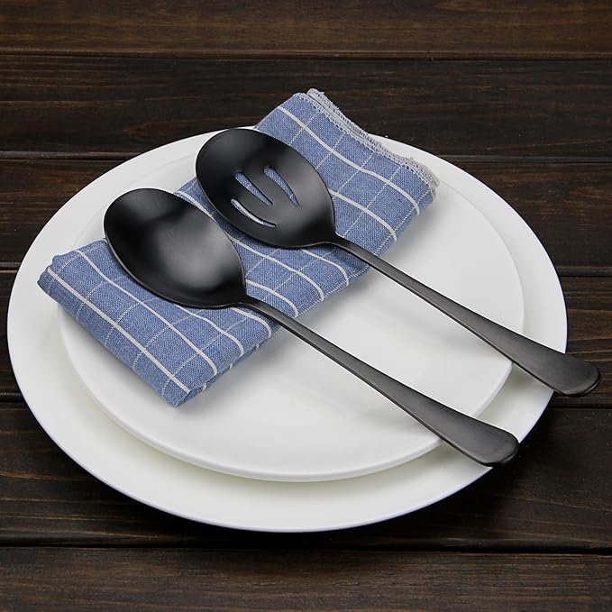 Serving Spoons Set, Black Stainless Steel, 8.7 Inch, Slotted and Solid Serving Utensils for Party Buffet Dinner Banquet Cooking Kitchen Basics, Mirror Finish Flatware, 4 Piece