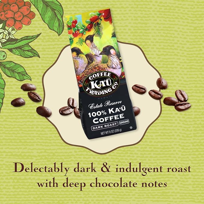 Ka'u Coffee Mill Estate Reserve Dark Roast Ground Coffee - Rich Chocolate Notes - Pure Ka'u Coffee - Specialty Roast - Handpicked Hawaii Grown Arabica Beans - Gourmet Small Batch Coffee - 8oz