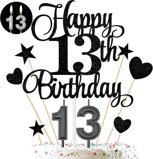 13th Birthday Cake Decorations Set Include 13th Birthday Candles Numeral 13 Cake Candles and Happy 13th Birthday Cake Toppers with Heart Star Cupcake Picks for Birthday Party (Black Series)