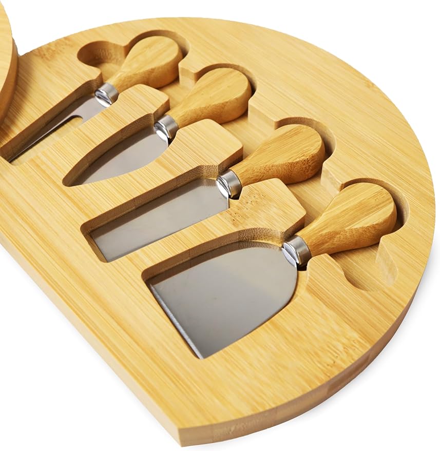 RoyalHouse Bamboo Round Cheese Board and 4 Knives Set with Slide-Out Cutlery Drawer - Charcuterie Boards Set - House Warming Gifts New Home, Wedding Gifts for Couple 2025, Bridal Shower Gifts