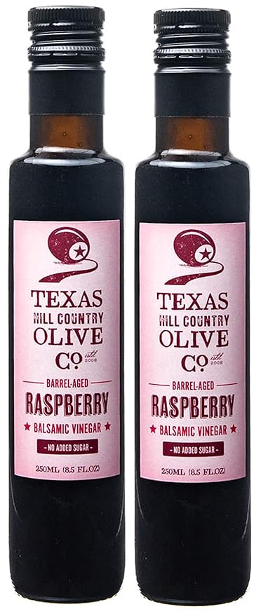 Raspberry Balsamic Vinegar - Gourmet Barrel Aged Infused Balsamic Vinegar - Great for Dressing Dipping Glazing - No Artificial Flavors or Added Sugar - Made in Texas (8.5 oz, 2 Pack)