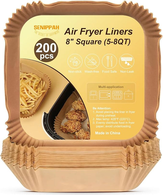 200 Pcs 8" Air Fryer Liner Square Baking Parchment Paper Airfryer Liners,Unbleached Disposable