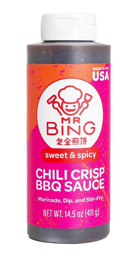 Mr. Bing Sweet & Spicy Chili Crisp BBQ Sauce, 14.5 oz, Marinade Dip and Stir-Fry Sauce, Made in USA. Gluten-Free, MSG Free (Pack of 1)