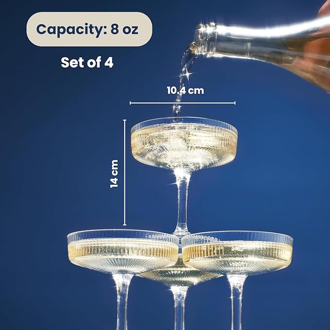 Khen Ribbed Vintage Art Deco Coupe Glasses - Martini, Champagne & Cocktail Ribbed Glasses 8oz | Cute Crystal Glassware Sets - Goblet Stemmed Ripple Glassware, Housewarming Glass Gifts, Clear, 4 Pieces