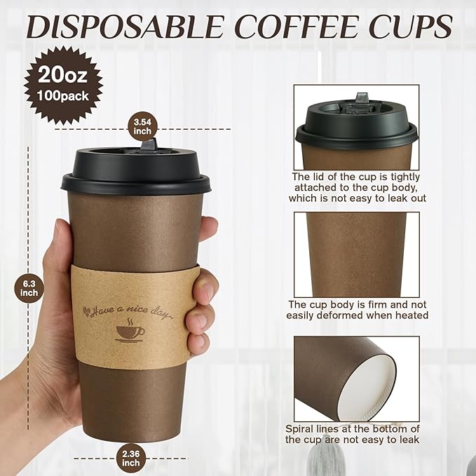LITOPAK 100 Pack 20 oz Paper Coffee Cups, Brown Disposable Coffee Cups with Lids, Sleeves, Sticks, Drinking Cups for Hot Coffee, Water or Juice, Hot Paper Cups for Home, Restaurant, and Store