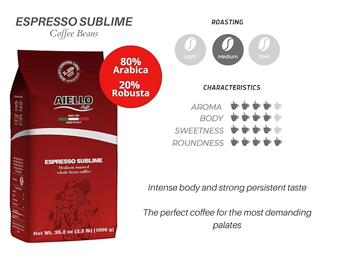 Aiello Caffe Italian Espresso Coffee Beans 2.2 LB Bag, Medium Whole Bean Coffee Freshly Roasted and Blended in Southern Italy Sublime