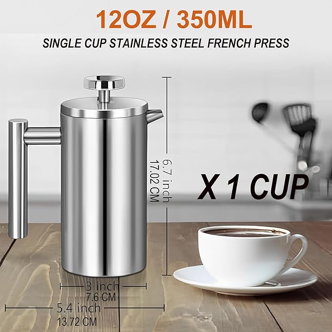 Small French Press Coffee Maker - Small 12oz/350ml Single Cup Metal French Press(1 Cup), Stainless Steel Double Wall Insulated Coffee & Tea Maker w/ 3 Extra Screens + 1 Spoon (Silver), Dishwasher Safe