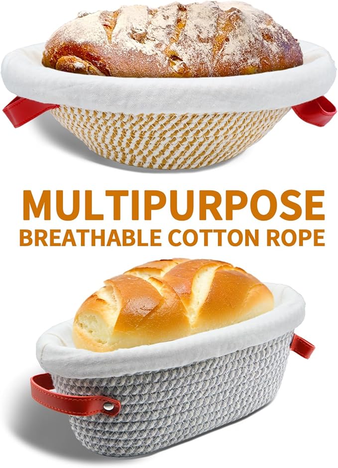 Cotton Rope Banneton Bread Proofing Basket Set,Oval & Round Sourdough Bread Basket Proofing with Liners,Covers Gifts for Bakers Women Wife Mom
