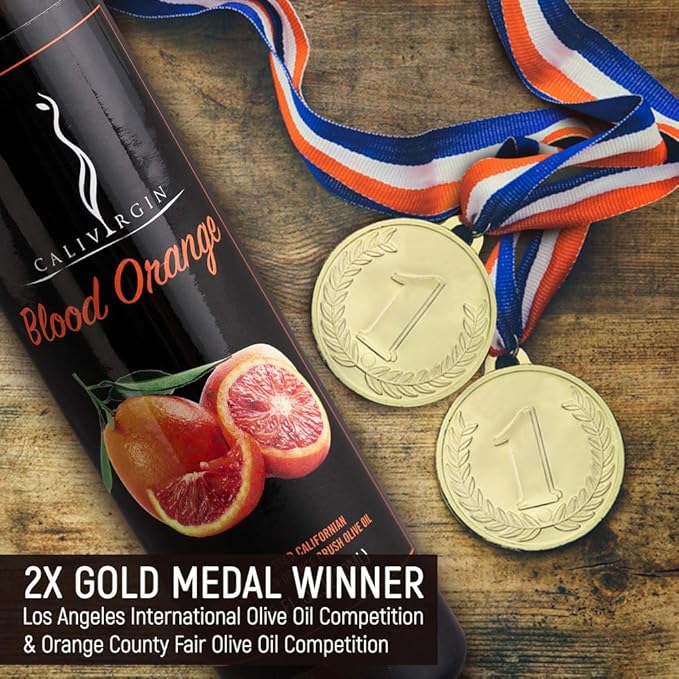 Calivirgin Blood Orange Olive Oil - Blood Orange Infused Extra Virgin Olive Oil - Cold Pressed Olive Oil - Blood Orange Flavored Olive Oil - No Preservatives, Organically Grown Olives - 250ml