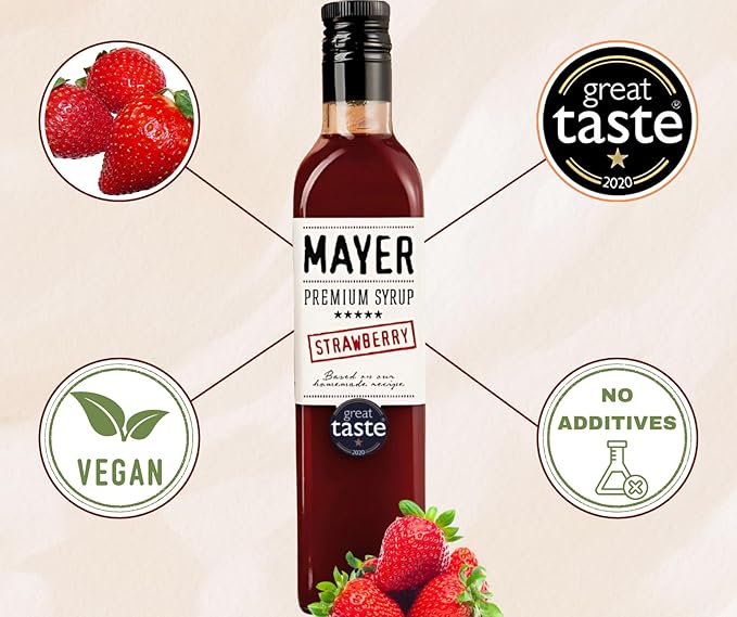 Mayer Premium Hungarian Strawberry Syrup ??Award-Winning Artisan Fruit Syrup, All-Natural, Over 50% Real Strawberries, Vegan, Gluten-Free ??Perfect Coffee Syrup & Dessert Topping (2 Pack)