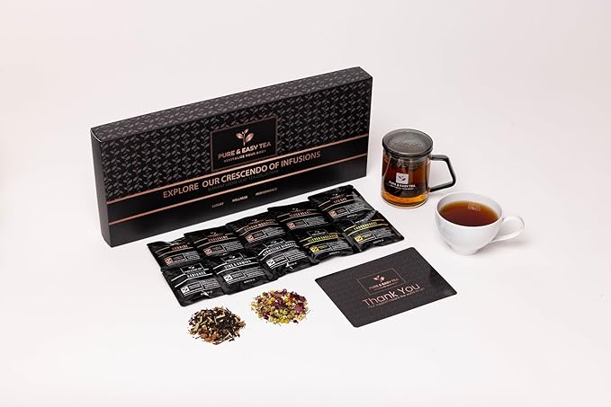 Pure And Easy Tea, Premium Tea Sampler Gift Box & Tea Infuser Brewing Mug, Tea Lovers Dream, 30 Count Tea Collection Makes 60 Cups
