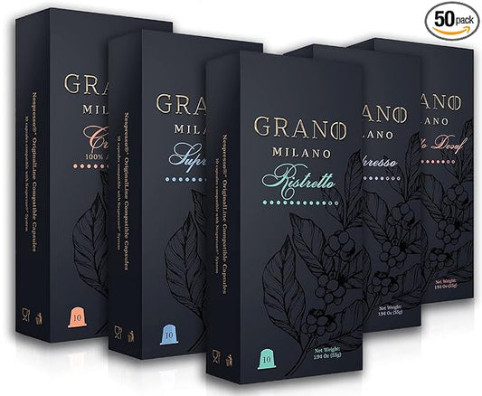 Grano Milano Variety Pack with Decaf - 50 Espresso Pods Compatible with Nespresso Original line - Medium & Dark Roast Coffee Capsules Made in Italy Espresso Coffee