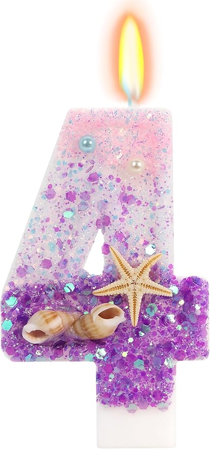 Purple Mermaid Party Number 4 Cake Candles, 2.76 inch Birthday Candle, Cake Topper Decoration for Birthday Party (Number 4)