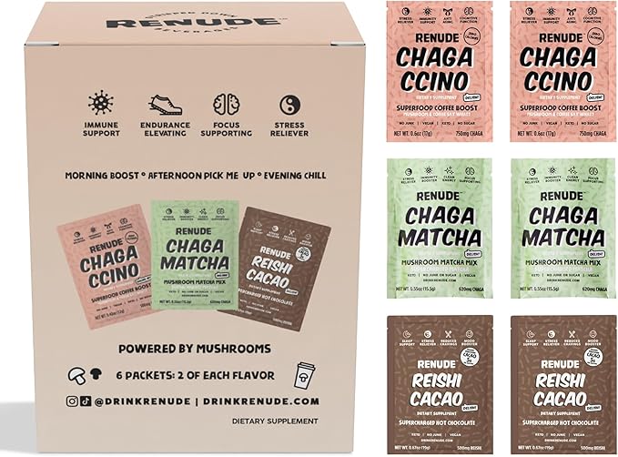 Renude Variety Pack - Mushroom Matcha, Coffee & Hot Chocolate, Cacao Powder, Natural Vegan Superfoods, Coffee Alternative with Chaga & Reishi - 2 Chagaccino, 2 Chaga Matcha, 2 Reishi Cacao (6 Count)