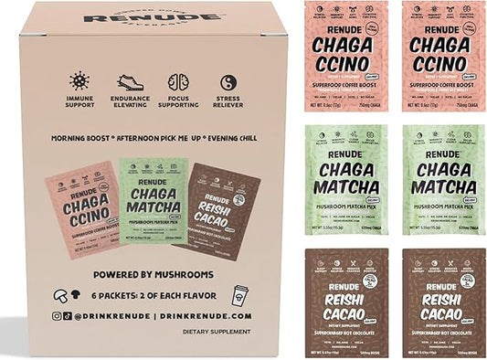 Renude Variety Pack - Mushroom Matcha, Coffee & Hot Chocolate, Cacao Powder, Natural Vegan Superfoods, Coffee Alternative with Chaga & Reishi - 2 Chagaccino, 2 Chaga Matcha, 2 Reishi Cacao (6 Count)