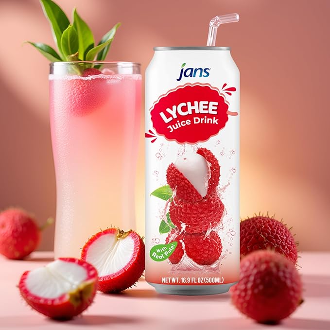 Jans Tropical Lychee Juice Drink with 100% Real Lychee Jelly (12-Pack,16.9 Fl Oz Canned) - Superior Hydration & Delicious Cold Beverage for the Hot Summer