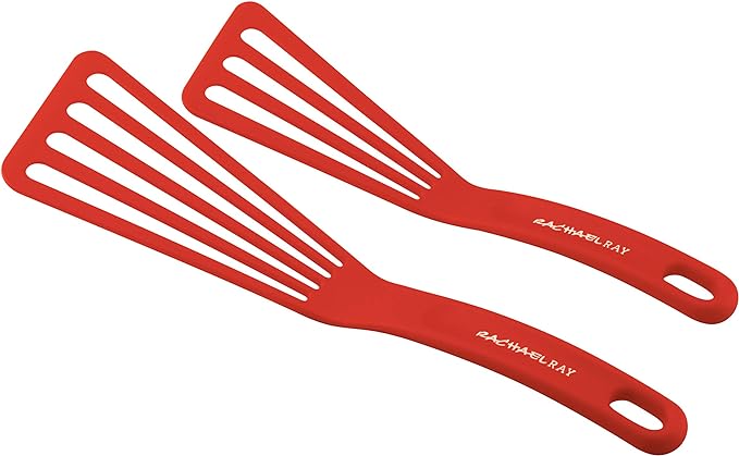 Rachael Ray Cucina Nonstick Bakeware Set Baking Cookie Sheets Cake Muffin Bread Pan, 10 Piece, Latte Brown with Cranberry Red Grips & KitchenTools and Gadgets Nylon Cooking Utensils, 2 Piece, Red