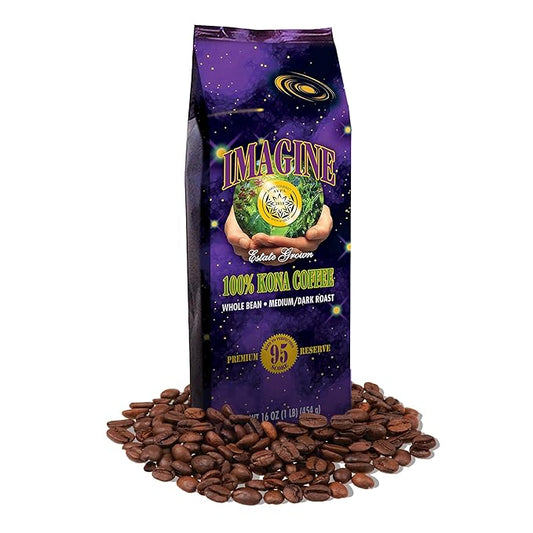 Imagine Kona Organic Coffee Beans | Arabica Kona Beans | Top Grade Air Roasted | Medium Dark Roast | Organic Whole Bean - 16oz