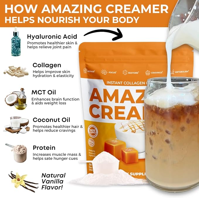 Superfoods Company Amazing Creamer with Collagen - Keto Creamer-Hyaluronic Acid & MCT Oil - Brain Boost & Curbs Cravings - Supports Healthy Skin & Hair - Diet-Friendly [30 Servings] [Salted Caramel]