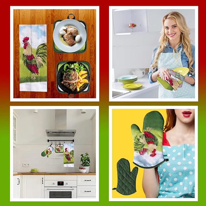 Lobyn Value Packs: 5-Piece Country Kitchen Towel Set ??Proud Rooster & Red Barn Motif, 2 Lightweight Terry Cloth Dish Towels Quilted Oven Mitt & 2 Potholders