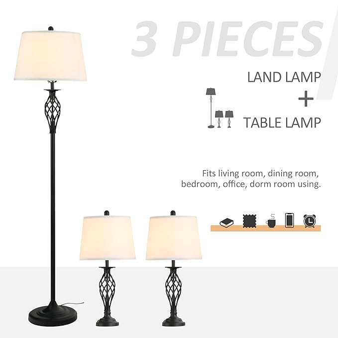 HOMCOM 3 Piece Table Floor Lamp Set with Metal Pole, Round Base, and Fabric Lampshade, for Living Room, Black/White
