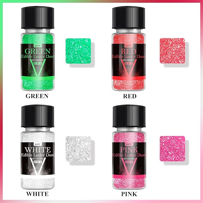 Edible Glitter - 4 Colors Luster Dust Edible Set, Food Grade Edible Glitter for Drinks, Cocktails, Cupcakes, Cookies, Candy, Glimmer Sprinkle Powder for Foods, Baking, Beverage, Party (5g/Bottle)