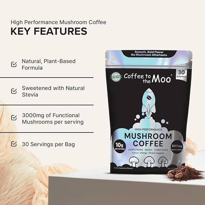 High Performance Mushroom Coffee 3000mg with Lion’s Mane, Reishi & Cordyceps – Focus, Energy & Immunity – L-Theanine, Coconut & Stevia – Sugar Free Instant Coffee – 30 Servings by Coffee to the Moo