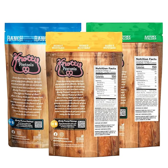 Knotty Pretzels ???쏷he Official Pretzel of Beer??7.5 Ounce Pretzel in Resealable Snacks Bags, Flavored Pretzels, Savory Italian, Honey Mustard, Ranch - Savory Variety (3 Pack)