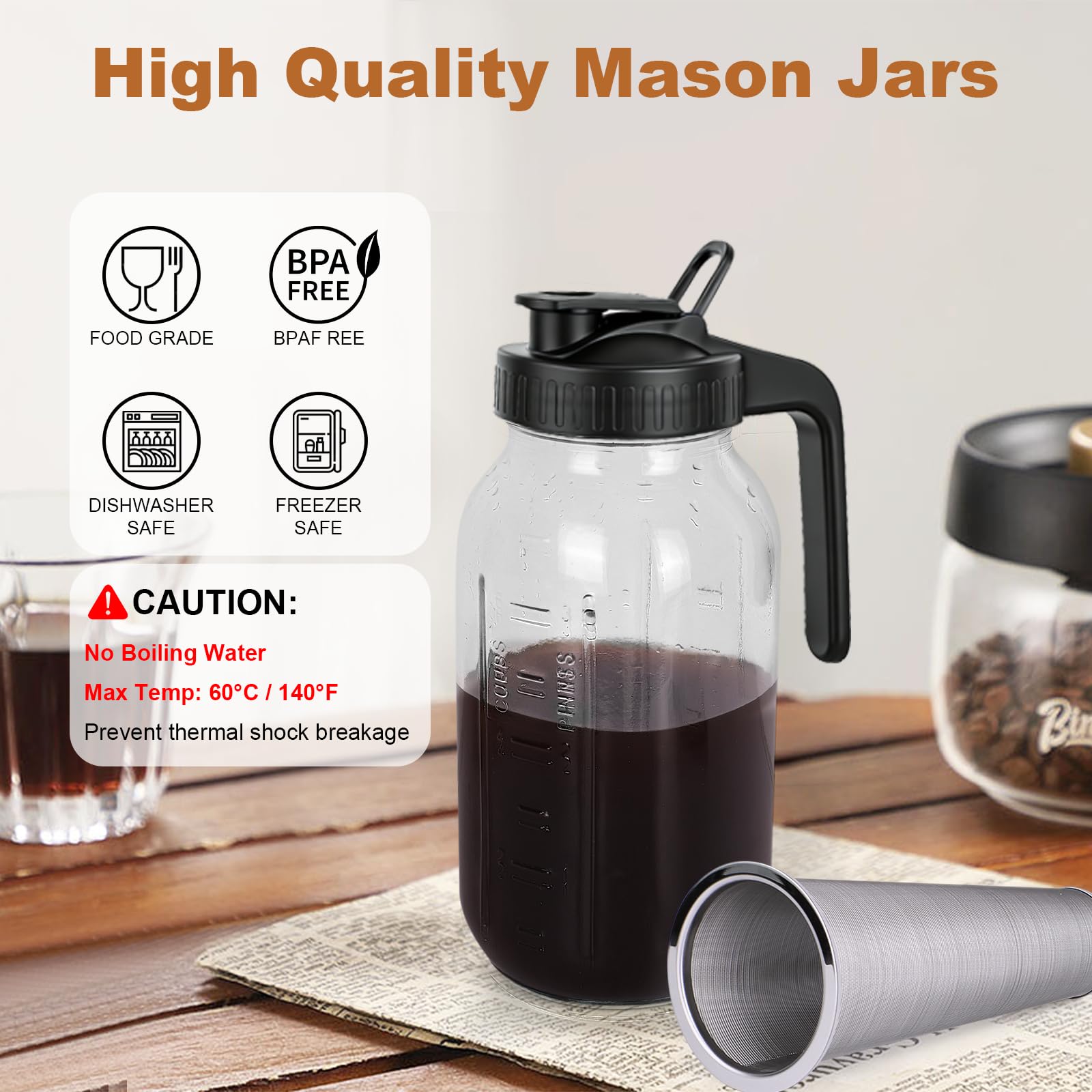 QHH Cold Brew Coffee Maker,64 oz Mason Jar Pitcher with Stainless Steel Filter, Pour Spout Handle