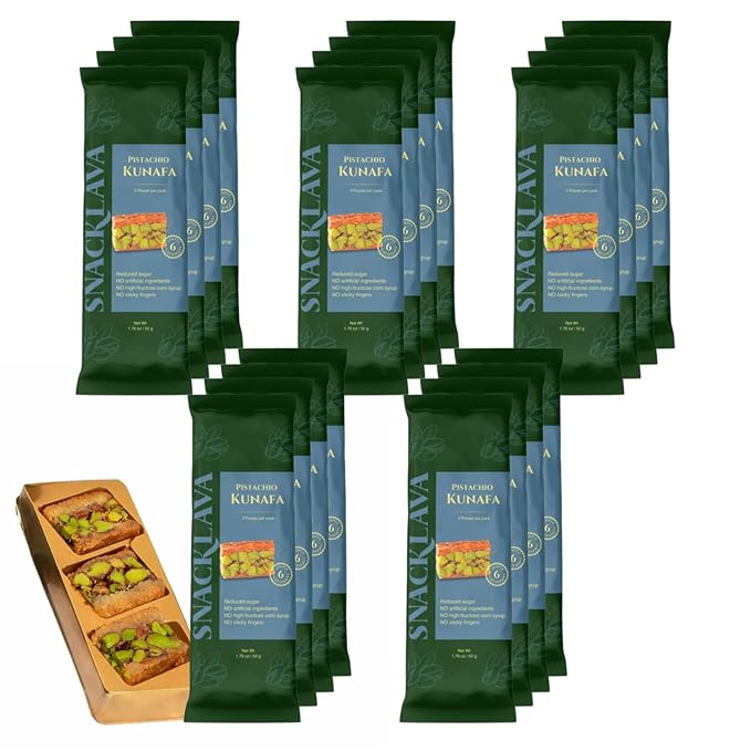 Snacklava Pistachio Kunafa Bites - 20 Pack (3 Pieces per Pack) - No Artifical Ingredients, Colors or Preservatives