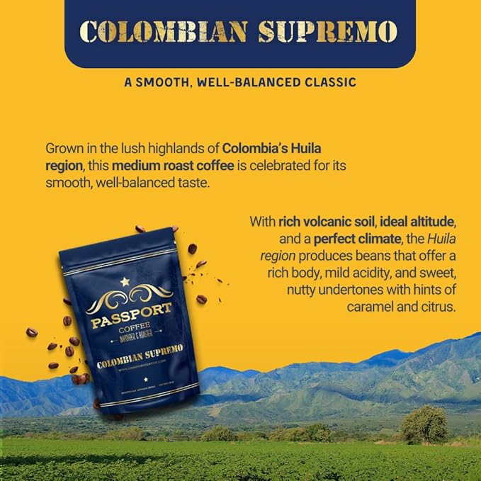 Passport Coffee Colombian Supremo ??Medium roast Arabica from the Huila Region. Flavor notes of sweet nutty caramel & citrus. Premium whole bean coffee, 12oz Bag