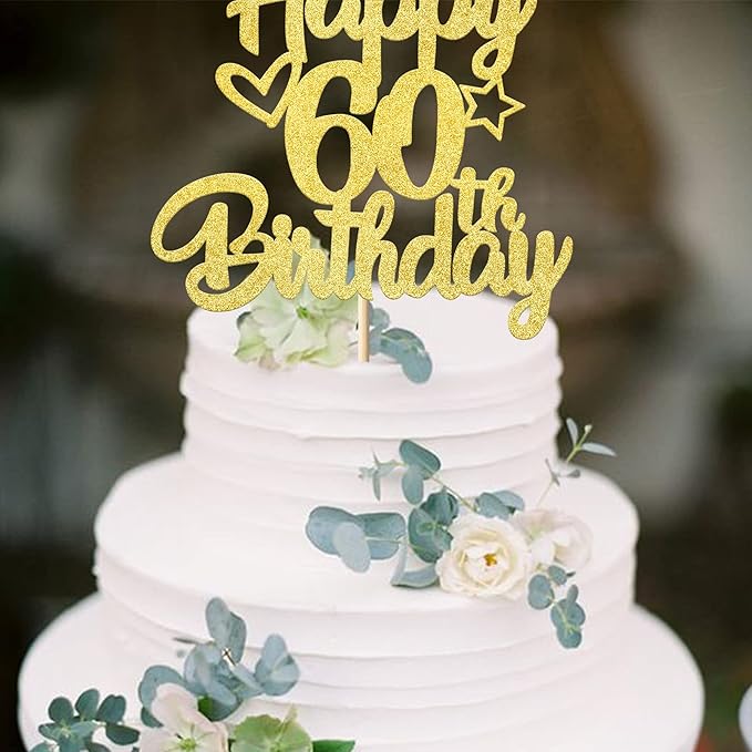 1 Pack Happy 60th Birthday Cake Topper Glitter Heart Star 60 Fabulous Cake Pick Birthday Sign Cake Decorations for Children 60th Birthday Theme Party Supplies Gold