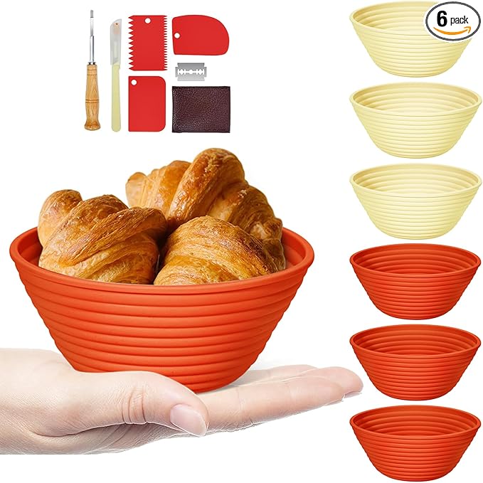 Silicone Banneton, Sourdough Bread Baskets (Set of 6, 5 Inch), Round Proofing Bread Bowls with Starter Kit, Bread Making Baking Supplies