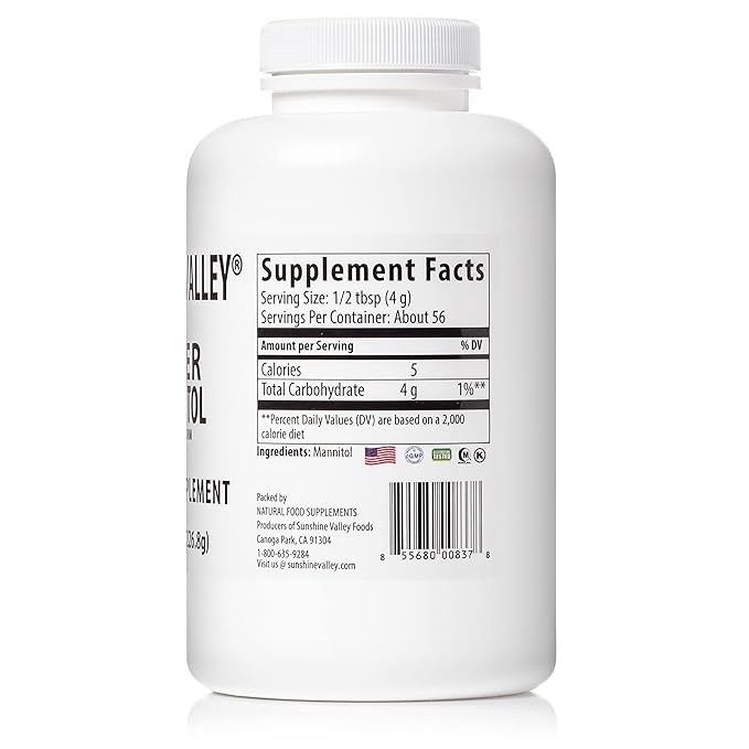 Sunshine Valley® Super Mannitol Powder, Natural & Healthy Artificial Sweetener, Ultra-Pure Sugar Substitute, Low Glycemic Dietary Supplement (8 Fl oz)