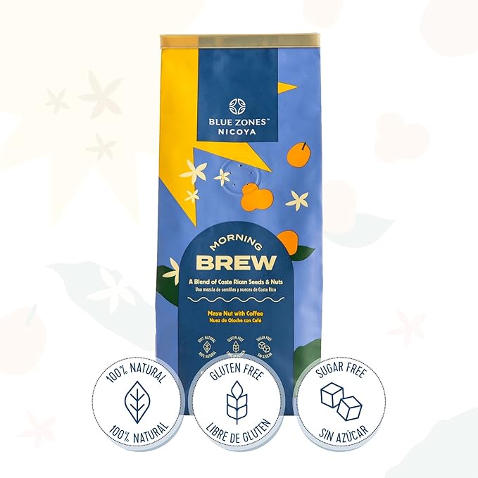 Blue Zones Nicoya - Morning Brew, Maya Nut with Coffee - 100% Natural Ground Coffee Alternative - High Micronutrients - Low Caffeine, Gluten & Sugar-Free (12 oz/ 340g)