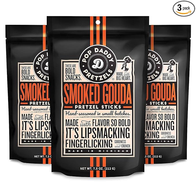 Pop Daddy Flavored Pretzels Sticks, Healthy Gourmet Pretzels Snacks, 7.5oz Individual Bags, 3 Pack, Smoked Gouda