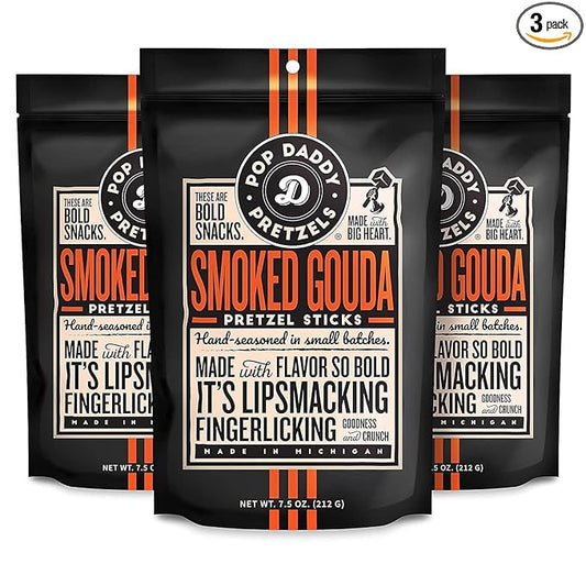 Pop Daddy Flavored Pretzels Sticks, Healthy Gourmet Pretzels Snacks, 7.5oz Individual Bags, 3 Pack, Smoked Gouda