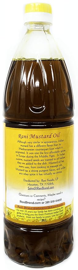 Rani Mustard Oil (Kachi Ghani) 33.8 Ounce (1 Liter) Pack of 2, NON-GMO | Gluten Free | Vegan | 100% Natural | Kosher