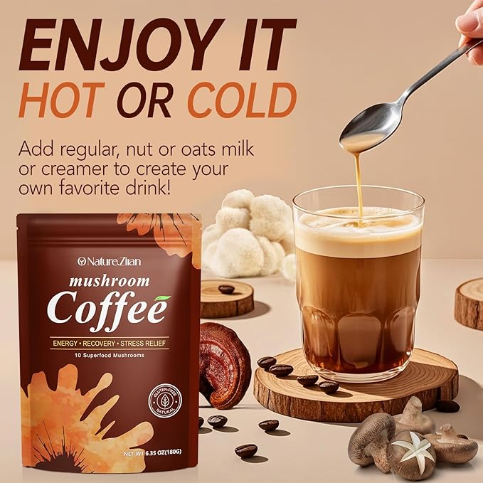 Mushroom Coffee Organic with 10 Adaptogenic Mushrooms, Grown Instant Coffee for Better Energy, Focus, Digestion, Immunity with Lions Mane & Turkey Tail, 30 servings