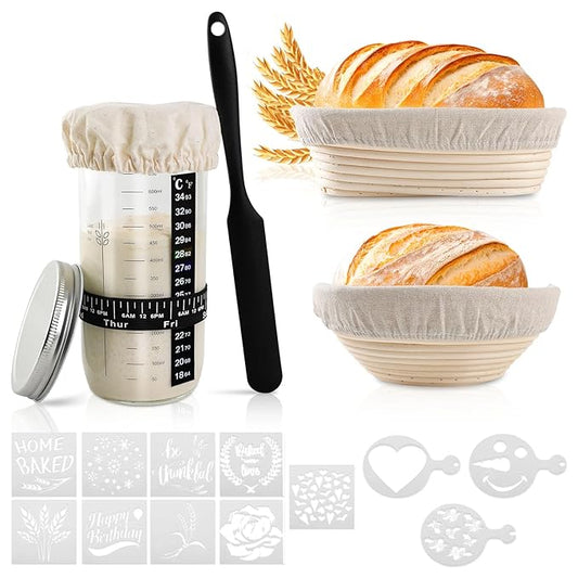 Sourdough Starter Kit ??Sourdough Starter Jar, Sourdough Bread Baking Supplies for Bread Making Includes 9" Round and 10" Oval Bread Proofing Basket with Liners, Sourdough Kit for Bakers