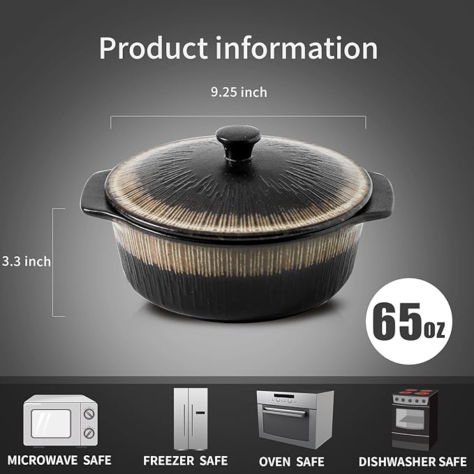 KOOV Ceramic Casserole Dish with Lid Oven Safe, 2 Quart Casserole Dishes, Covered Round Casseroles Dishes, 9 inch Baking dish With Lid, Deep Casseroles Cookware Set, Stripe Series (Rough Black)