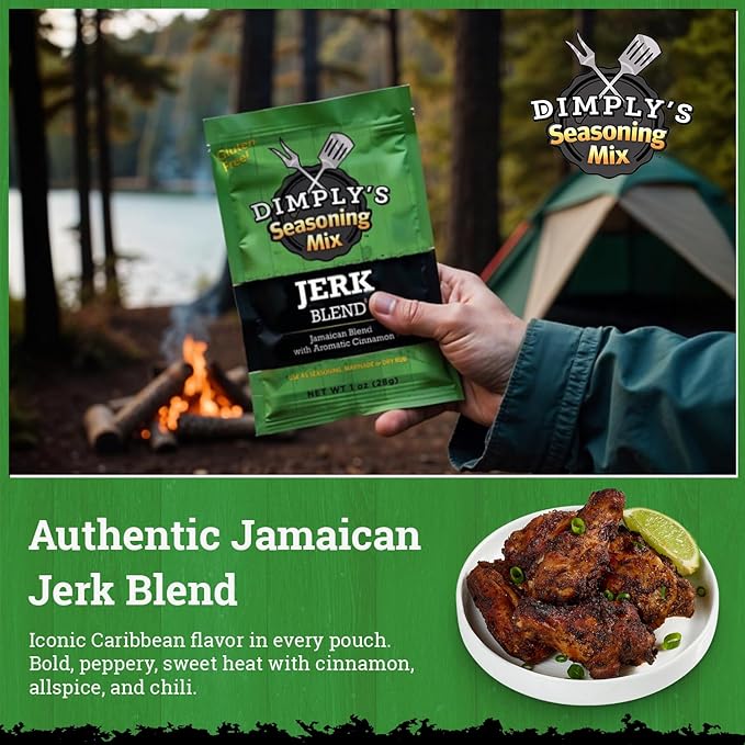 Dimply's Jamaican Jerk Seasoning Mix – Dry Rub and Marinade for Chicken, Meat, Vegetables, Tofu – Bold Caribbean Spice Blend – Vegan, Gluten Free, No MSG, No Preservatives – 6 oz Bag, 12 Pack