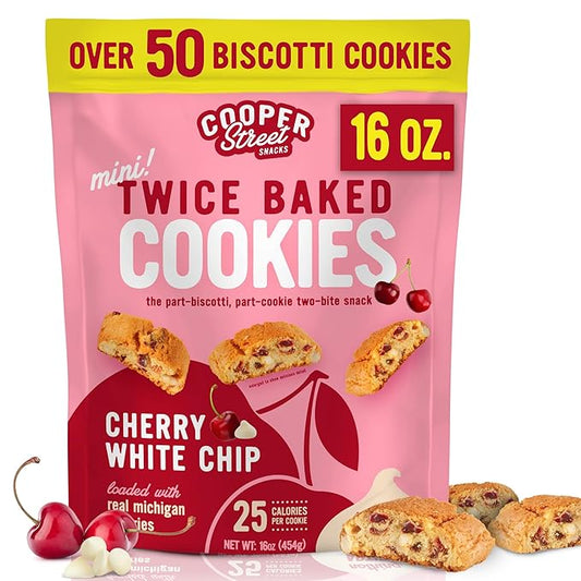 Cooper Street Twice-Baked Cherry White Chip Biscotti Cookies (16 oz) ??Over 50 Biscotti Cookies per Bag Loaded with Real Fruit, Traditional Italian Style Snacks - Dairy, Peanut & Soy Free, Kosher
