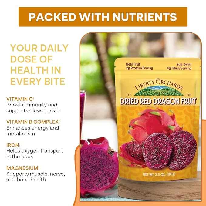 Liberty Orchard Organic Dried Red Dragon Fruit with fiber- Ideal for Recipes or a Nutritious fruit for Busy Lifestyle- Nutrient-Rich Dried Fruit with Vitamin C, Antioxidants & Fiber- 4 Pack