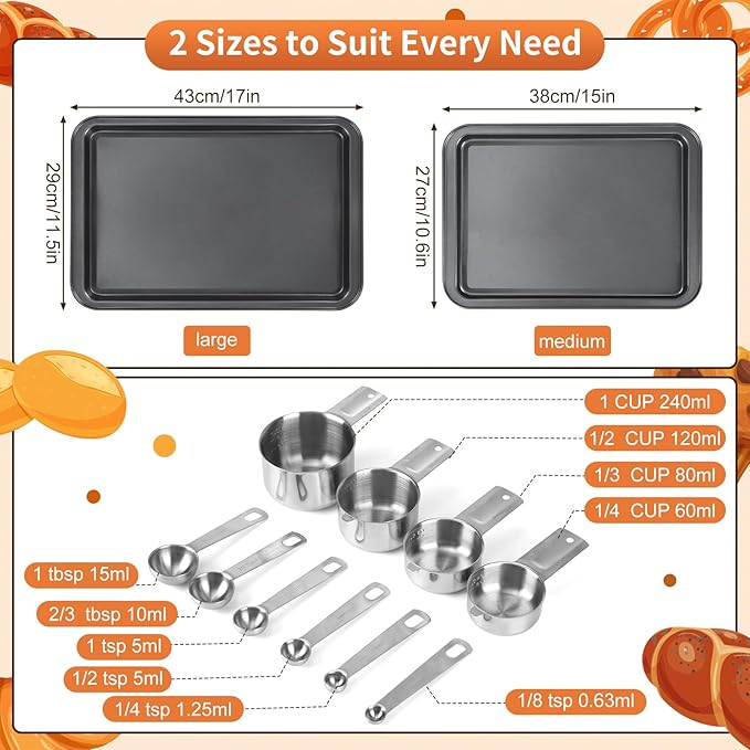 18 Pcs Baking Sheet Pan Sets,Non-Stick Carbon Steel Bakeware Sets,Stainless Steel Measuring Cups and Spoons,Oven Mitts and Pot Holders,Stackable Baking Sheets for Baking,Kitchen Gadgets