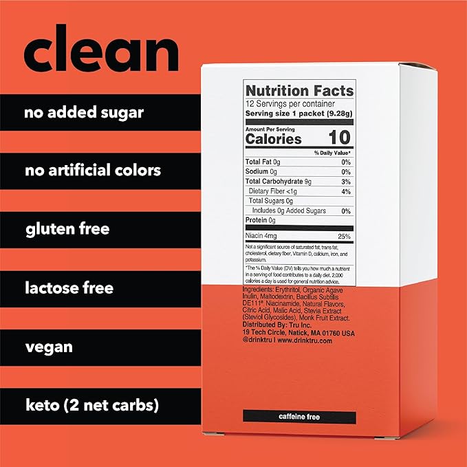 Tru Gut Powder, Prebiotics and Probiotics for Digestive Health, Peach Flavored Gut Health Drink Mix with Vitamin B3, Sweetened with Monk Fruit & Stevia, Caffeine Free, Gluten Free, Vegan, 12 Packets