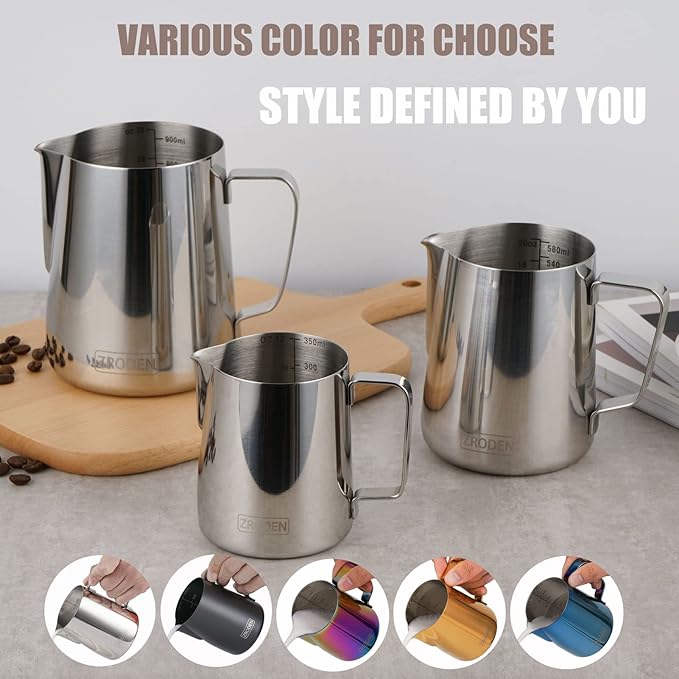 Milk Frothing Pitcher, Thicker Version 20oz Espresso Steaming Pitchers Stainless Steel Cappuccino Coffee Machine Accessories Barista Tools Steamer Pitchers Milk Jug Cup with Decorating Pen Latte Art