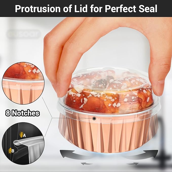 EUSOAR Rose Gold Cupcake Liners, 120pcs 5oz Disposable Aluminum Foil Baking Cups with Lids, Mini Foil Cupcake Liners Ramekins Cups with Lids for Oven Dessert Cups Aluminum Cheesecake Pan Creme Brulee